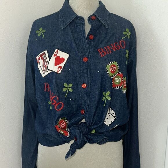 The Quacker Factory Jean denim bingo game night shirt cotton medium m - Picture 1 of 8